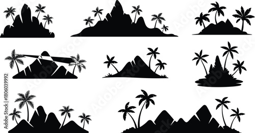 Tropical island silhouettes collection, palm tree mountain landscapes, exotic beach scenery vector set, black island illustrations for travel, design, decoration