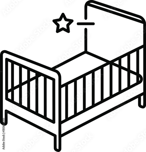 Baby cot with star mobile isolated on a simple line drawing of a baby cot with a star mobile, representing a safe and cozy sleep