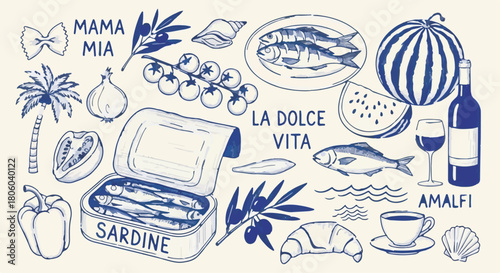 Hand Drawn Italian Food Doodle Set Sardines Wine Olives Mediterranean Cuisine Illustration