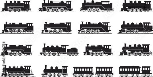 Vintage steam train silhouettes collection, classic locomotive icons set, retro railway transportation graphics, old-fashioned engines illustration for design and decoration