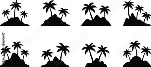 Tropical island silhouettes with palm trees, beach landscape icons, summer vacation elements, paradise nature symbols perfect for travel design, coastal artwork themes