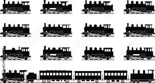 Vintage train silhouette set, classic steam locomotive icons, retro railway transportation illustrations, black vector engine graphics for design and decoration