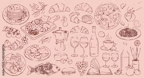 Doodle line art background pattern of various food, wine, coffee, and pastries.