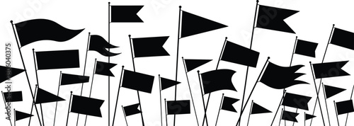 Waving Flags Silhouette Border, Black Pennants Crowd, Festival Banners Vector, Sports Event Background, Celebration Signs Illustration