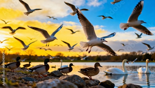 Fototapeta Naklejka Na Ścianę i Meble -  Dramatic golden sunset illuminates flock of birds soaring over tranquil lake with swans and ducks below