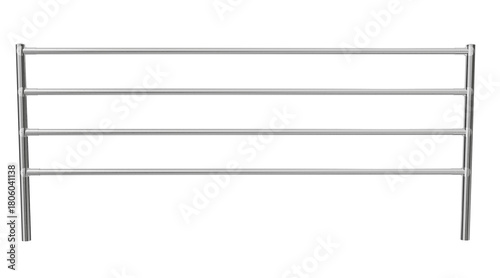 3d render of a shiny stainless steel tubular pipe fence. industrial metal railing system with modular slip-on fittings for safety barriers.