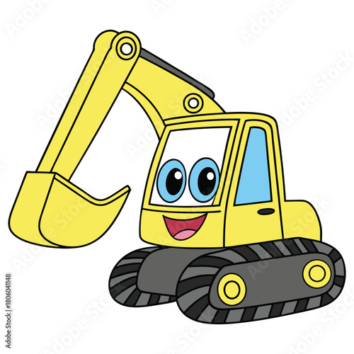 A yellow cartoon excavator smiles brightly with big blue eyes on a white background