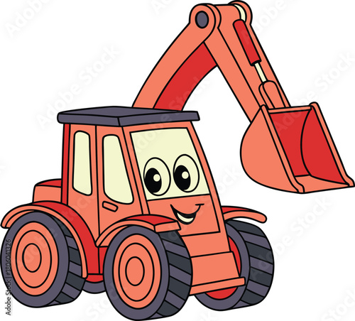 Cartoon excavator smiles brightly with its bucket raised on a clear transparent background