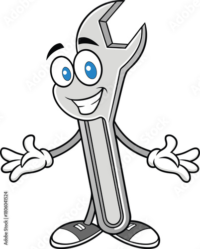 Cartoon wrench smiles with outstretched gloved hands and sneakers stands confidently against white
