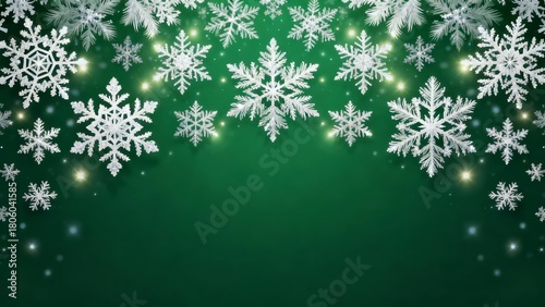 A festive green background adorned with intricate white snowflakes and twinkling golden lights evoking a wintry holiday atmosphere.
