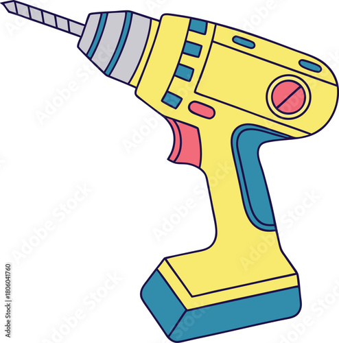 Isolated yellow power drill exhibits sturdy construction and stands ready for use on white