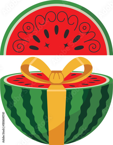 Watermelon shaped gift box with yellow ribbon and bow illustration