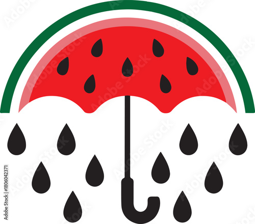 Watermelon slice umbrella raining black drops on a light background