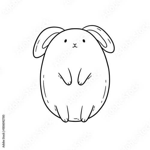 Cute chubby round bunny doodle in black outline line art on white background.