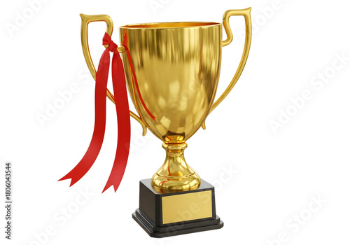 Golden trophy with red ribbons on a black background