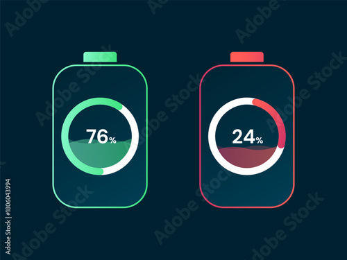 Electric Vehicle battery charging Status Interface with minimalist Battery Storage symbols Circular Charging, Battery Low vector design concept. Battery charging dashboard for ui, ev car, infographic.