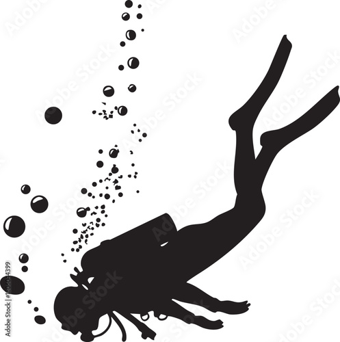 Silhouette of a diver gracefully descending into the profound depths, embodying the spirit of aquatic adventure and serene underwater exploration amidst rising effervescent bubbles, a symbol of freedo