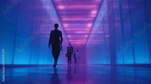 People walking in a futuristic corridor with vibrant neon lights, business concept.