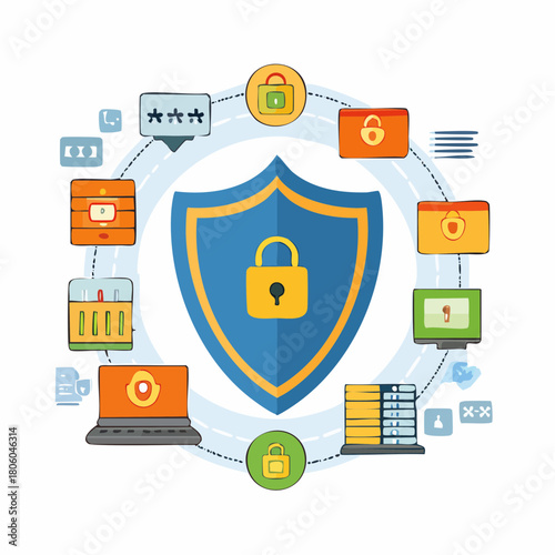 Infographic illustration of a blue shield with a yellow lock surrounded by various cybersecurity icons on a white background with a clean and modern style.