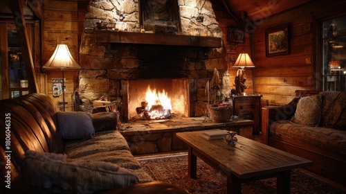 Wallpaper Mural A spacious cabin living room features a large stone fireplace with a crackling fire. Plush seating and warm lighting create a cozy atmosphere, perfect for autumn evenings. Torontodigital.ca