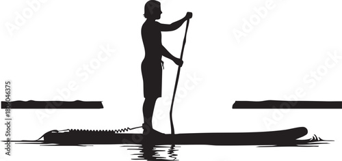 Silhouette of a person paddleboarding on the water, showing a watersport activity, black and white vector art