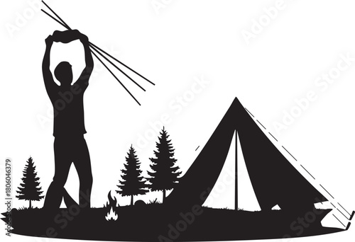 A compelling silhouette depicts a camper setting up a classic tent among pine trees and a campfire, embodying the adventurous spirit and self-reliance of a tranquil wilderness escape.
