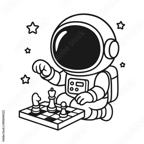 Astronaut playing chess among stars, illustration