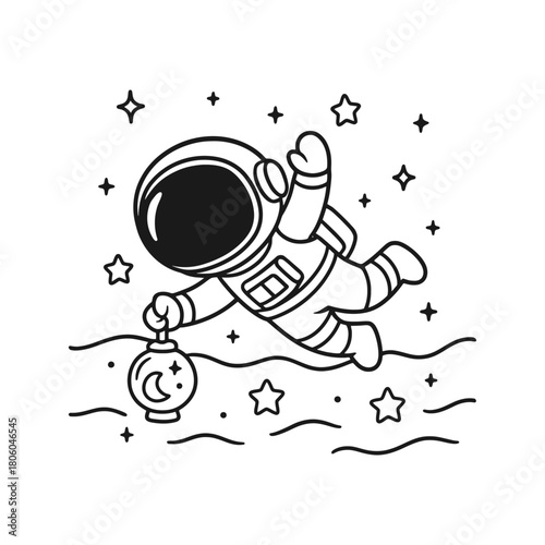 Cute astronaut floating with a moon lantern, surrounded by stars
