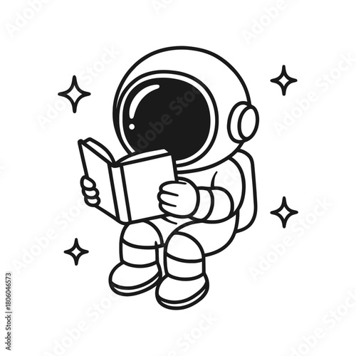 Cute astronaut reading a book among stars, black and white cartoon