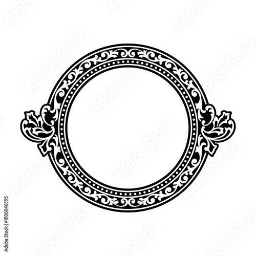 Black and white round floral ornamental frame