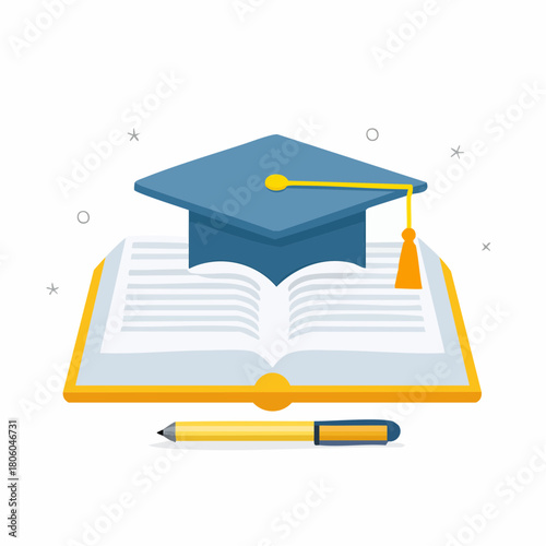 Illustration of a blue graduation cap on an open book with a yellow pen on a white background, symbolizing education and learning.