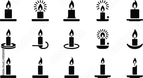 Black candle icons collection, burning flame symbols, minimalist wax candle silhouettes, spiritual light elements, decorative vector candle set for design projects