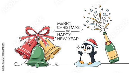 Colorful One-Line Christmas Bells, Penguin in Santa Hat, and Champagne Bottle – Festive Holiday New Year Design