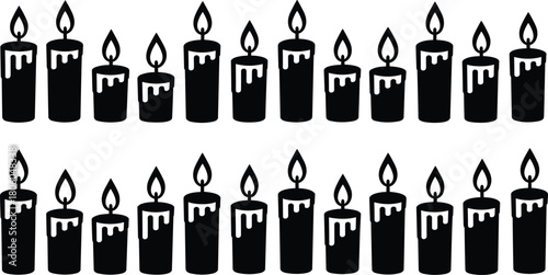 Burning Candle Icons Set, Melting Wax Silhouettes, Black Vector Flame, Spiritual Light Collection, Decorative Fire Symbols