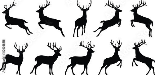 Deer silhouettes, antlers, wildlife vector, forest animal, black illustration, nature design, jumping deer, standing deer, walking deer, animal poses