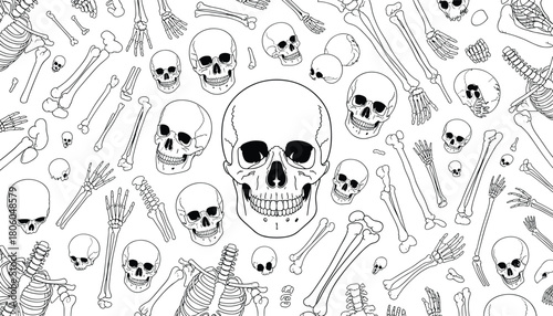 Detailed hand-drawn skulls and bones pattern illustration, anatomical skeleton artwork design, seamless monochrome background for Halloween, medical study, gothic style decor