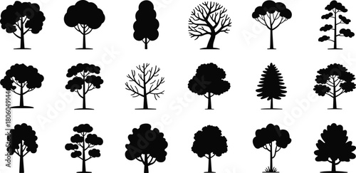 Tree Silhouettes Set, Forest Nature Icons, Black Plant Vector Collection, Pine Oak Cedar, Landscape Design Elements