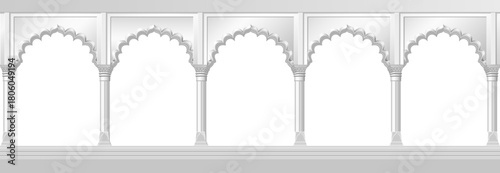 vector white cartoon indian Mughal arch illustration. Oriental style hand drawn clip art isolated on transparent background.
