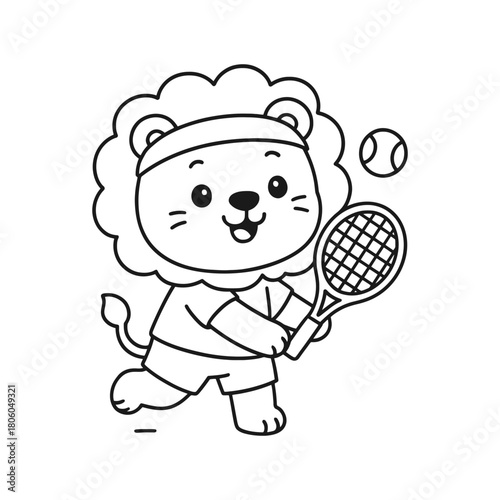 Cute cartoon lion playing tennis, coloring page vector illustration