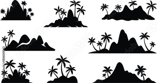 Tropical island silhouettes collection, palm tree landscape icons, exotic beach scenery vector set, black island illustrations for travel, design, and decoration