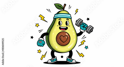 Avocado character exercising with dumbbell showing fitness and health concept.