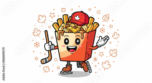 Adorable poutine cartoon mascot playing a game of ice hockey.