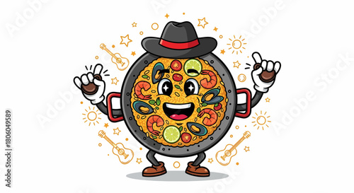 Cartoon Paella Character Wearing a Hat and Playing Music.