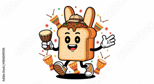 Cartoon bread character with safari hat playing a drum.