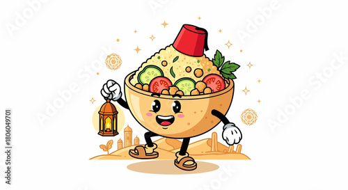 Cute cartoon couscous character wearing a fez holding a lantern.