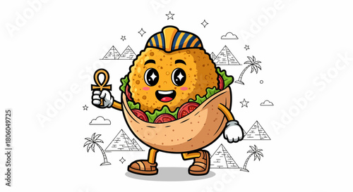 Cute cartoon falafel character dressed as an Egyptian pharaoh holding an Ankh.