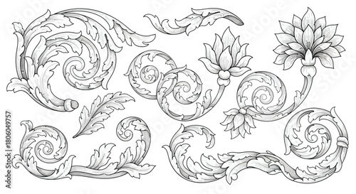 Detailed Black and White Floral Ornament Elements for Decorative Designs
