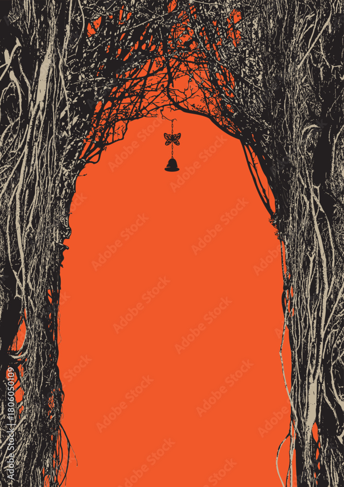 Naklejka premium A4 vector frame for a certificate or flyer in a gothic style with a realistic arch of roots and branches, old tree. A dense forest. Space for an inscription. Magical, fairytale-like. No ai