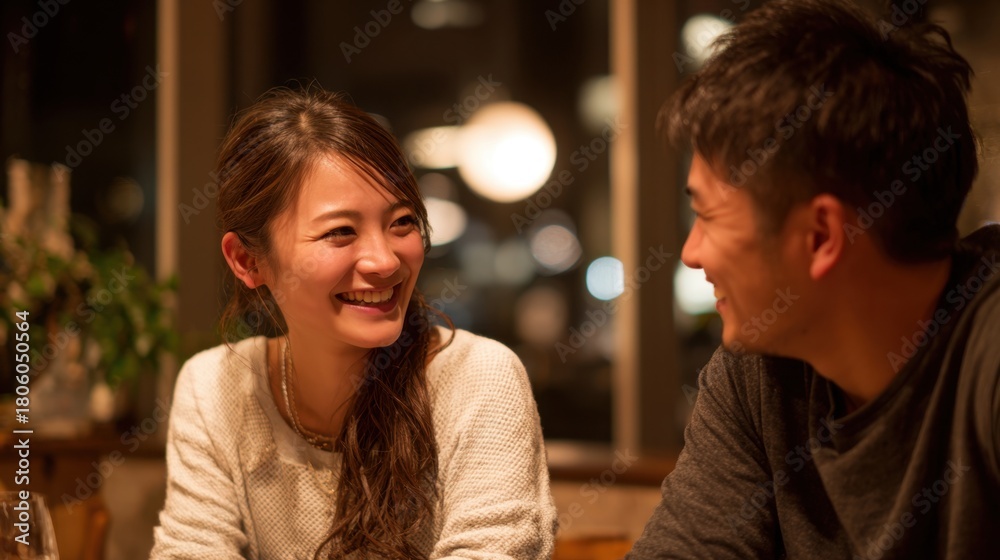Naklejka premium A happy couple sits across from each other at a dimly lit restaurant, engaged in a lively conversation while enjoying each other's company. The atmosphere is warm and inviting.