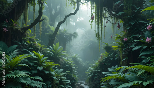 Cloud forest scene with dense understory foliage, thick ferns, epiphytic orchids, and hanging vines wrapped in swirling mist and lush green layers.